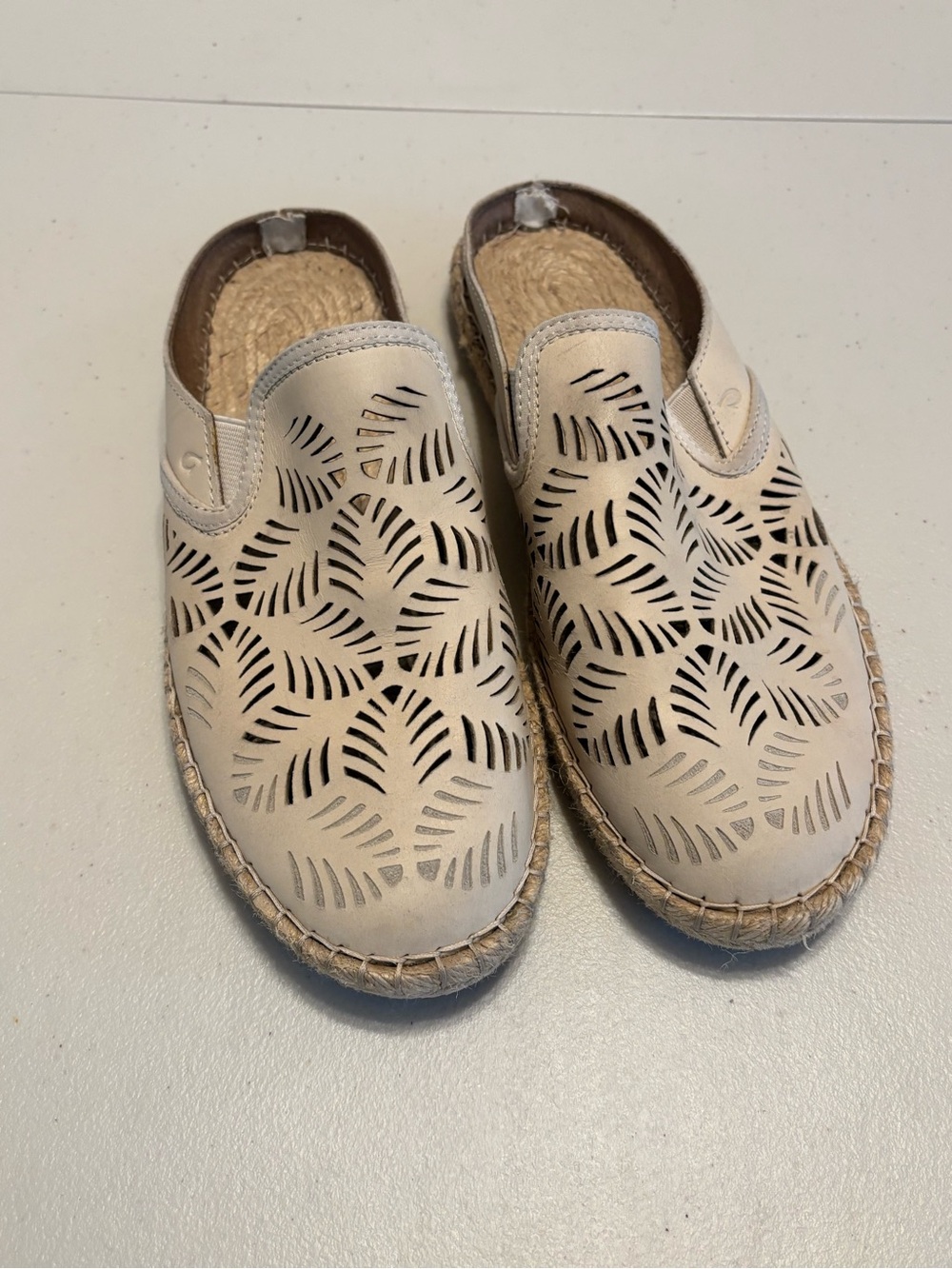 OluKai Beige Laser-Cut Slip-On Sandals
